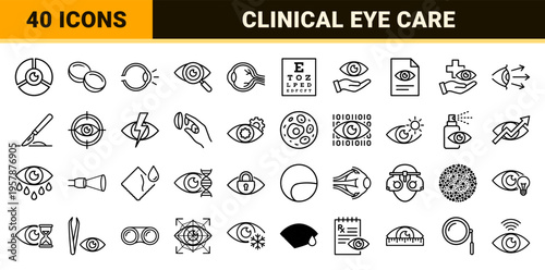 Ophthalmology and Optometry Line Art Symbols: Minimalist Monoline Icons for Eye Care, Vision Testing, and Clinical Optical Health Services