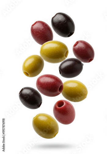 Colorful Olives Floating in Air Against White Background