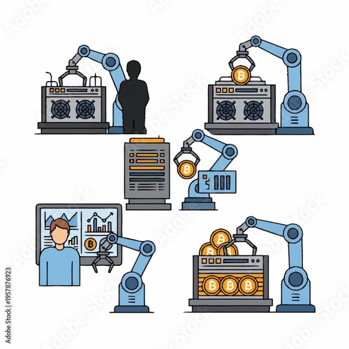 Automated Cryptocurrency Mining and Management Process with Robotic Arms.