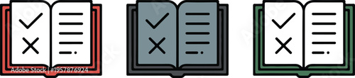Set of three minimalist open book icons with checkmark and cross symbols for education testing and academic literature concepts.