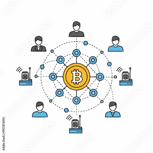 Bitcoin blockchain network with connected users and devices.