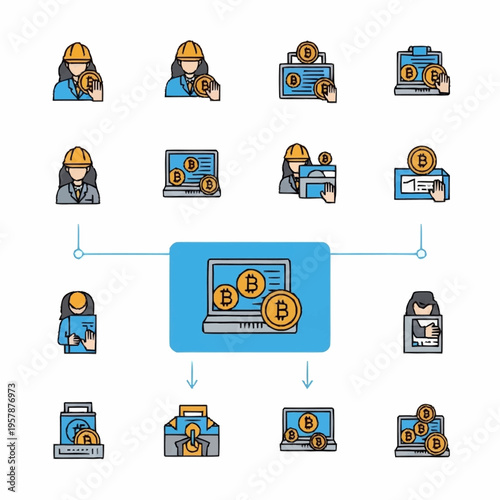 Bitcoin mining and cryptocurrency exchange network with diverse participants.