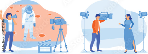 Filmmaking contrast between space exploration and studio interview scenes