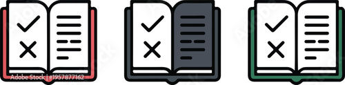 Set of three minimalist open book icons with checkmark and cross symbols for education testing and academic literature concepts.