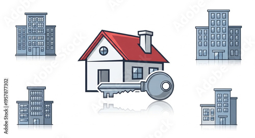 Real Estate Investment - House with Key Surrounded by Apartment Buildings.