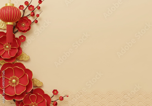 Festive Spring Background with Cherry Blossom and Lantern Decoration