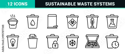 Ecological Waste Management and Sustainability Outline Icons featuring Minimalist Monoline Geometric Symbols for Sanitation and Recycling.