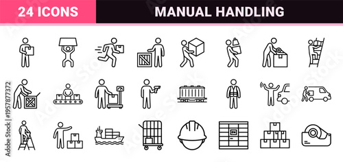 Manual Handling and Warehouse Logistics Linear Icons featuring Ergonomic Lifting Postures and Shipping Equipment in Minimalist Style.