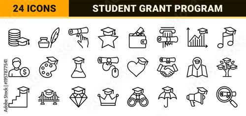 Scholarship and Education Funding Icon Set featuring Minimalist Monoline Symbols for Academic Grants, Student Loans, and University Tuition.