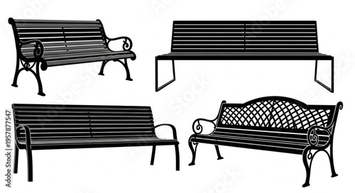 Four benches with different designs and styles in black and white.