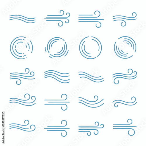 Collection of blue wind and air current icons on white background.