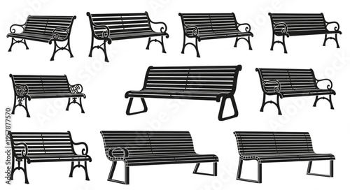 Collection of Park Bench Silhouettes - A Variety of Outdoor Seating Designs.