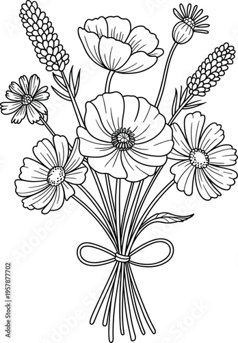 Wildflower bouquet botanical sketch vector, hand drawn floral bunch with poppies and daisies for wedding design
