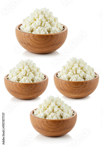 Fresh Cottage Cheese in Wooden Bowls on White Background
