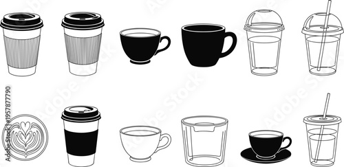 Coffee cup icon collection, disposable paper cups, latte art, plastic drink containers, espresso mugs set, beverage silhouette, vector illustration, white background