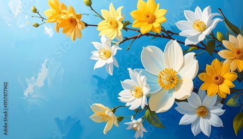 Beautiful Spring Flowers Blooming on a Bright Blue Background.