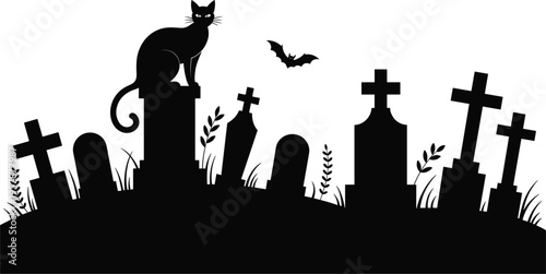 Halloween cemetery silhouette vector with black cat, bat, and tombstones for spooky holiday party decoration