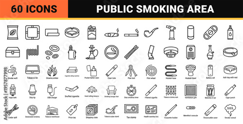 Tobacco and Smoking Accessories Minimalist Monoline Geometric Line Art Icons for Retail Signage and Commercial Product Packaging Design
