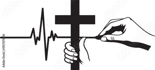 Faith and medical heartbeat concept with cross and hand drawing