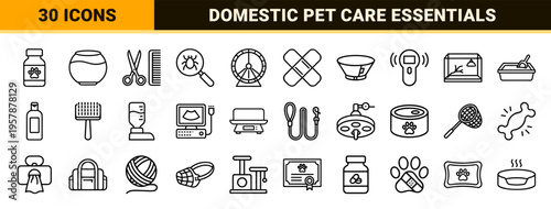 Veterinary Clinic and Pet Care Essentials Minimalist Monoline Icon Set featuring Geometric Line Art for Animal Healthcare and Supplies