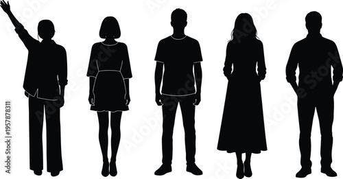 Group of people silhouettes standing collection, diverse men and women figures in different poses isolated on clean background vector