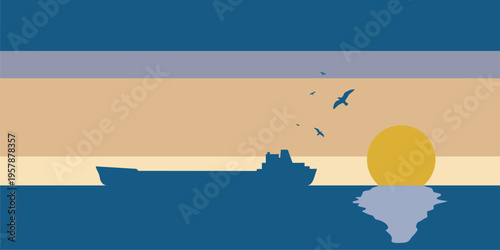 Nautical cargo vessel sailing on calm blue ocean waters. Silhouette of a cargo ship at sunset, with the sun reflecting off the water.