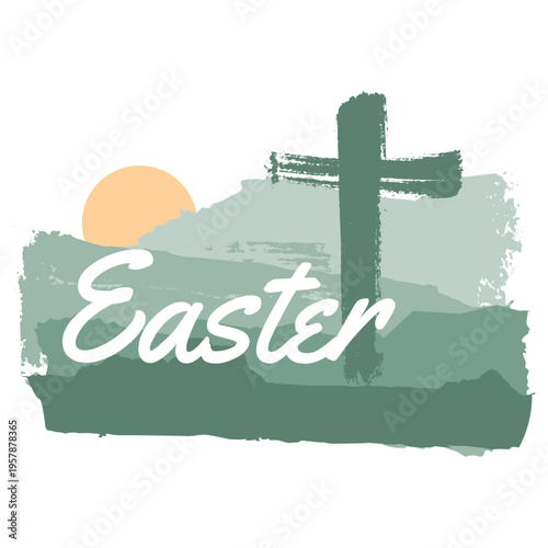 Grunge style Christian cross for Easter web banner or social graphic. Brush paint backdrop