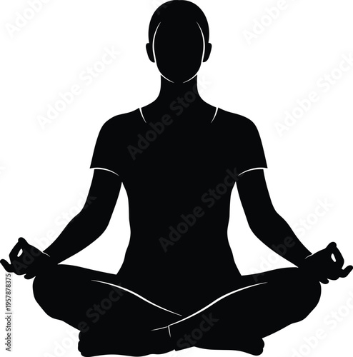 Meditating person silhouette in lotus pose, calm yoga and mindfulness concept with peaceful human figure isolated on clean background