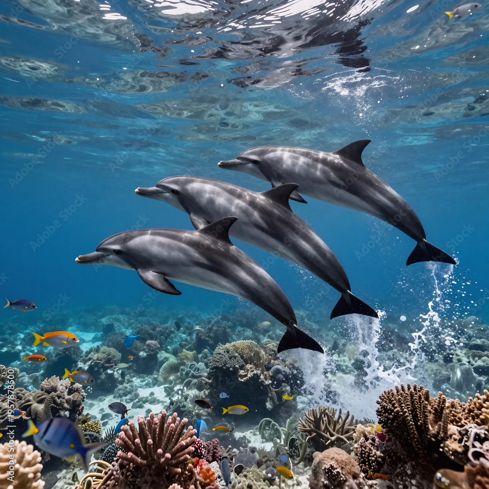 Fototapeta premium Monochrome Sea Jumping. Dolphins Leaping On National Dolphin Day, Surrounded By Marine Life And Coral Reef