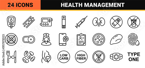 Diabetes Management and Blood Glucose Monitoring Icon Set featuring Minimalist Monoline Geometric Line Art for Healthcare and Wellness.