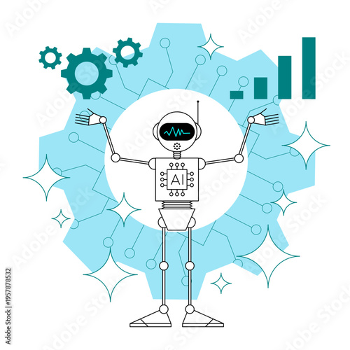 Futuristic AI robot with data visualization, gears and sparkles, automation concept.