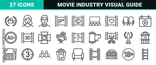 Film Industry and Cinema Production Line Art: Minimalist Monoline Outline Symbols for Entertainment, Broadcasting, and Movie Media.