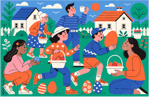 Happy Family Celebrating Easter Sunday Garden Children Egg Hunt Bright Sunny Day Joyful Candid Photography