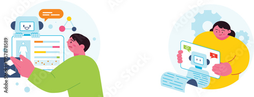 People utilizing technology for virtual assistance and smart home management.