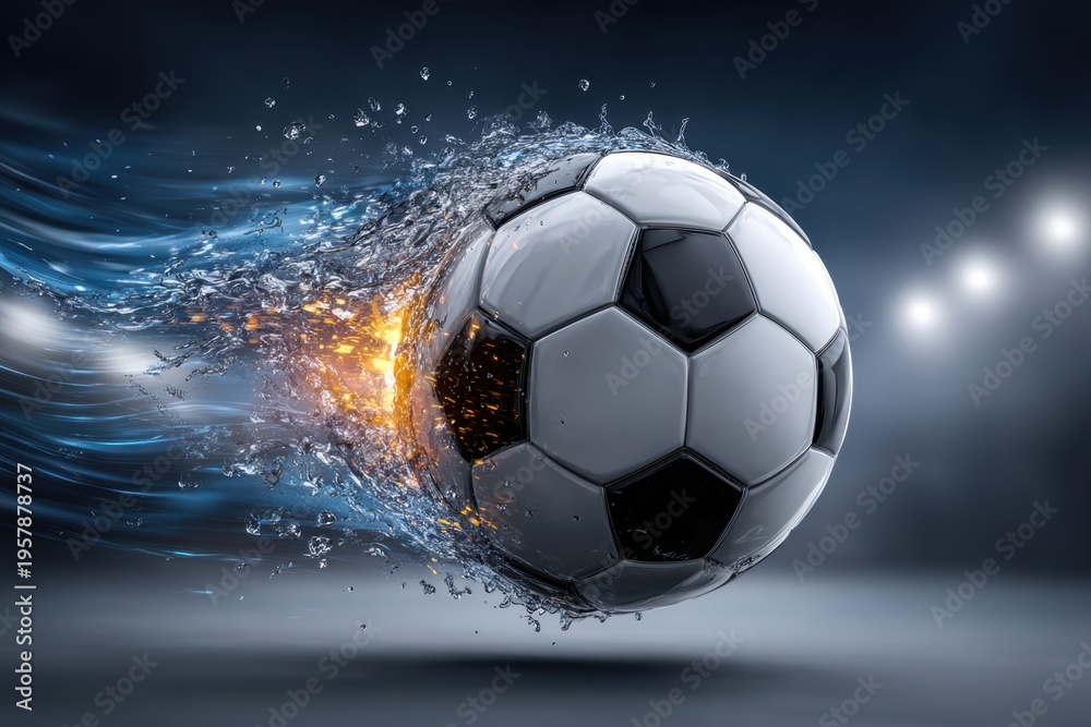 Fototapeta premium A soccer ball is captured in mid-motion, creating a splash of water around it. The scene is enhanced by dramatic lighting, emphasizing the ball's movement in a dark sports setting
