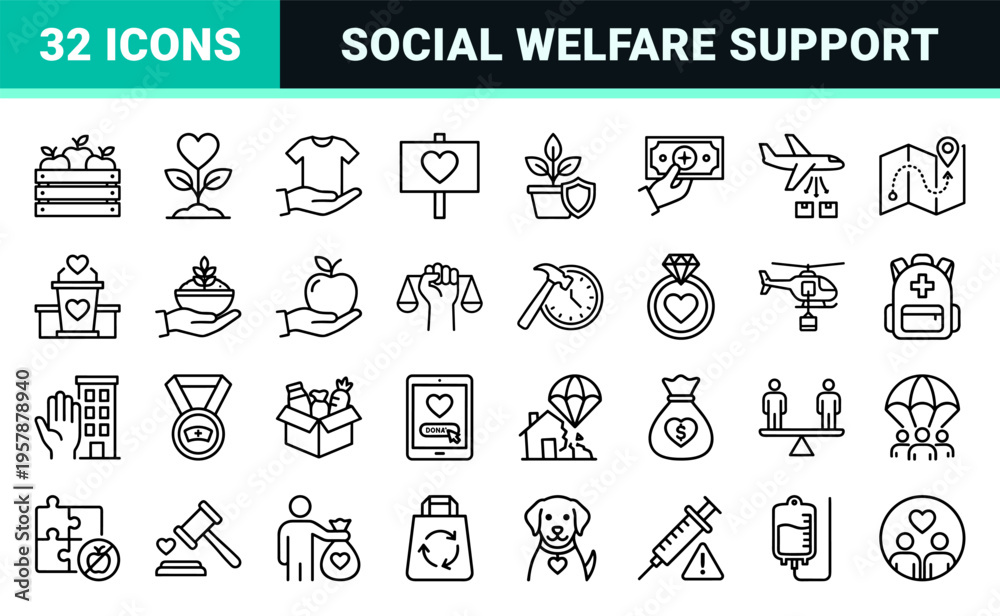Fototapeta premium Humanitarian Aid and Global Charity Line Art: Minimalist monoline icons for non-profit organizations, disaster relief, and social welfare.