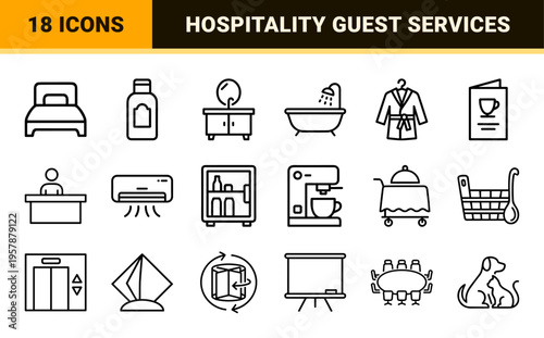 Hotel and Hospitality Service Icon Set Featuring Minimalist Monoline Symbols for Room Amenities, Guest Facilities, and Tourism Travel.