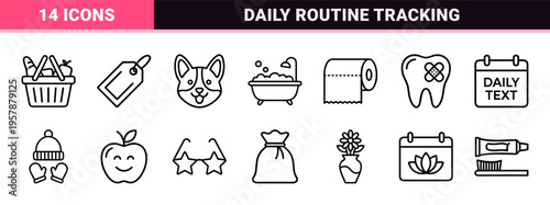 Daily Planner Lifestyle Elements Ultra Minimalist Monoline Geometric Line Art for Digital Bullet Journaling and Productivity App Interface