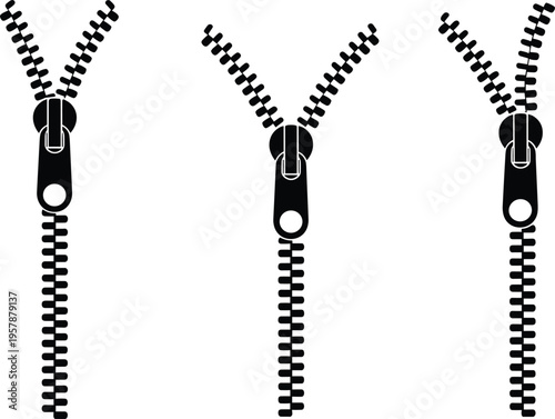 Open zipper vector icon set, black silhouette of metal fasteners for garment, fashion, and textile design