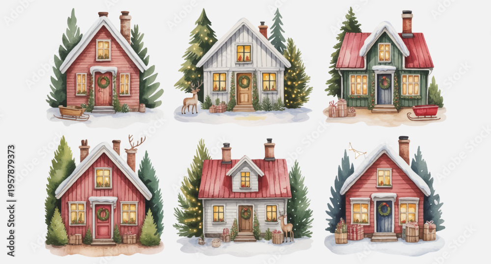 Fototapeta premium Whimsical watercolor winter houses with snowy roofs and evergreen trees