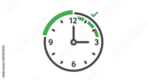 Clock face with green progress bar indicating time completion, checkmark icon