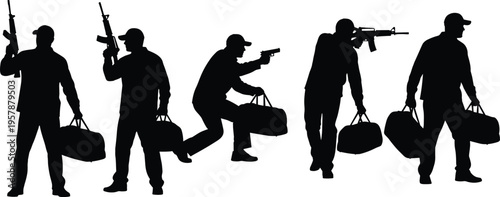Criminal silhouette set with robbers holding rifles and handguns, thieves carrying duffel bags for bank heist, crime, and robbery concept.