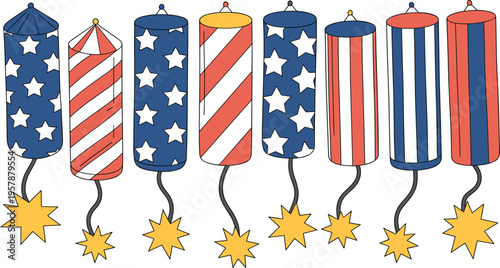 Patriotic firework rockets vector set, 4th of July pyrotechnics with stars and stripes for independence day celebration