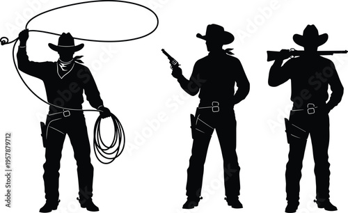 Cowboy silhouettes set, wild west gunfighter and rancher with lasso, western sheriff with rifle and revolver, black vector people collection,