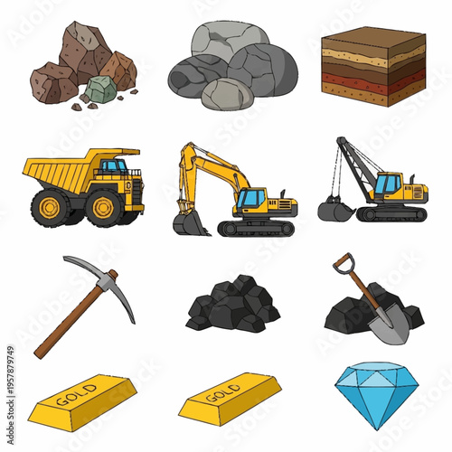 Mining industry tools and resources, including rocks, gold, diamonds, and heavy machinery.