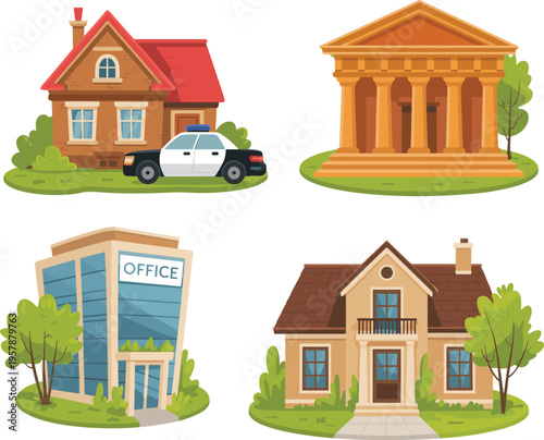 City buildings vector set, cartoon architecture icons with office, house, police station, and bank