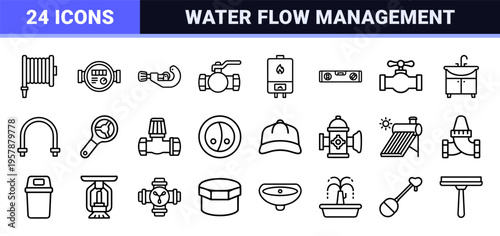 Professional Plumbing Systems and Hydraulic Engineering Minimalist Monoline Icon Set Featuring Geometric Line Art for Technical Diagrams