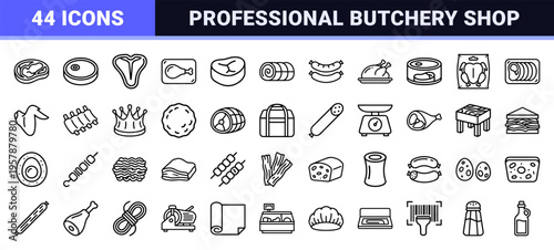 Butchery and Delicatessen Geometric Line Art; Minimalist Monoline Meat Products and Poultry Symbols for Commercial Gastronomy Projects.