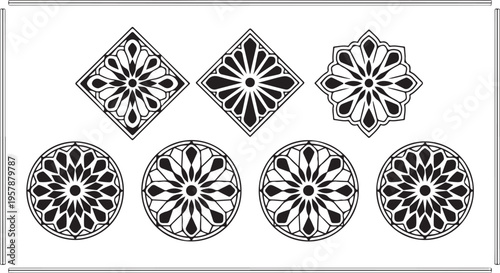 Black and white geometric floral patterns with circular and diamond shapes  decorative designs