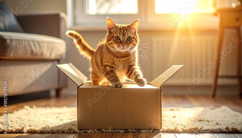 Wallpaper Mural Curious Orange Tabby Cat Peeking Out of Cardboard Box in Sunlight. Torontodigital.ca